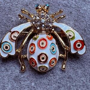 NWT Blingy Bee Brooch; White, Bright Color Enamel &  Rhinestones; Gold Tone